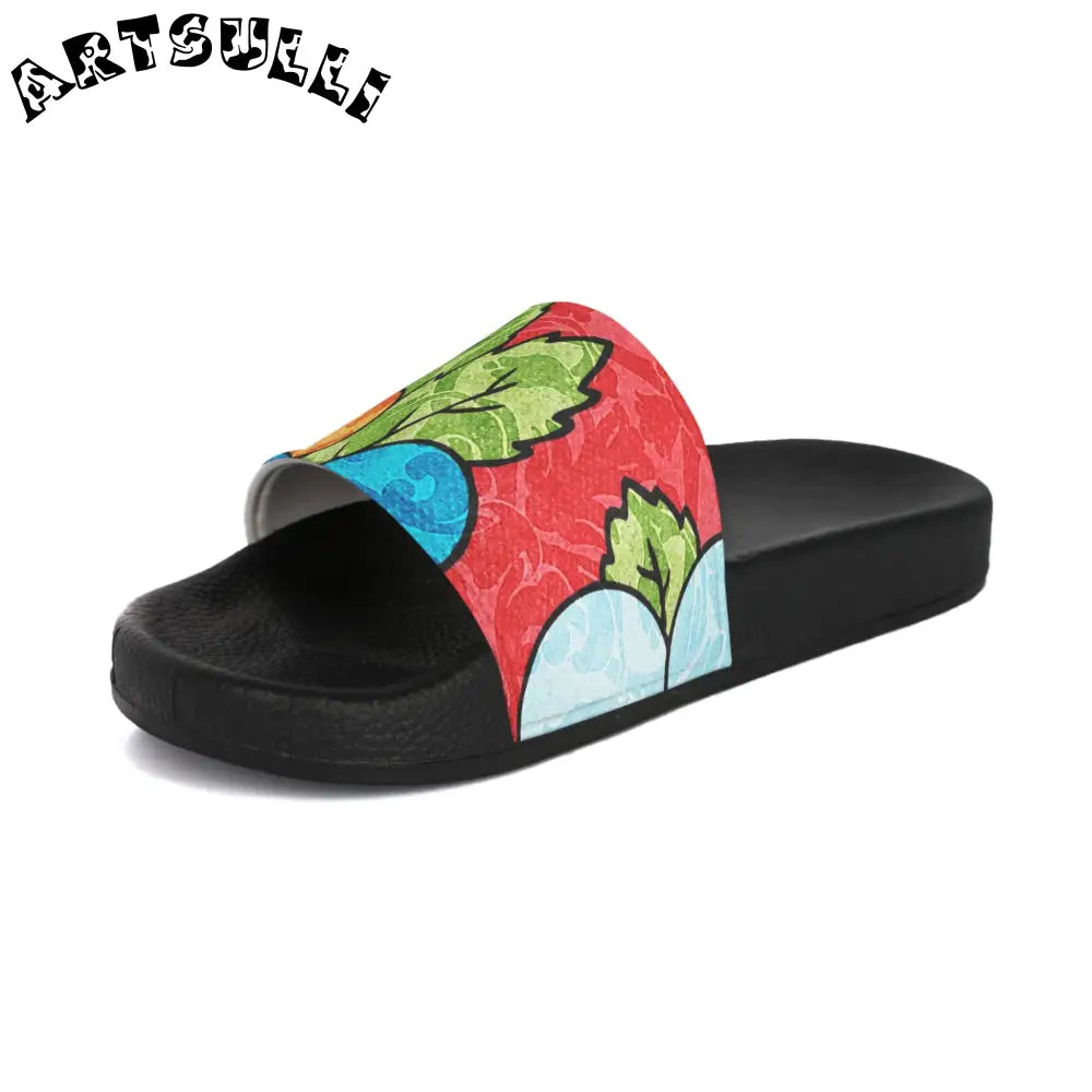 Men’s Custom Touch Groovy Red Floral Slides, Artsulli - Art is Long, Life is Short, Shoes, , , , , , , 