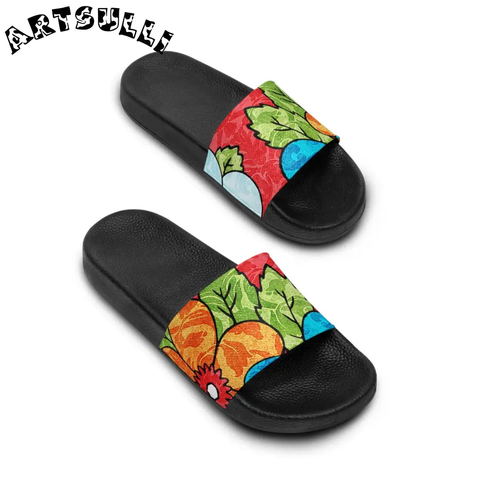 Men’s Custom Touch Groovy Red Floral Slides, Artsulli - Art is Long, Life is Short, Shoes, , , , , , , 