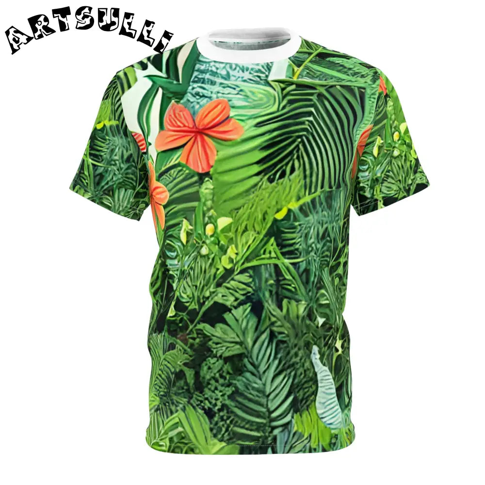 Mens Green Tropical Print T Shirt, Artsulli - Art is Long, Life is Short, All Over Prints, Color, White stitching, Weight, 4 oz., Size, S, 63173640667544