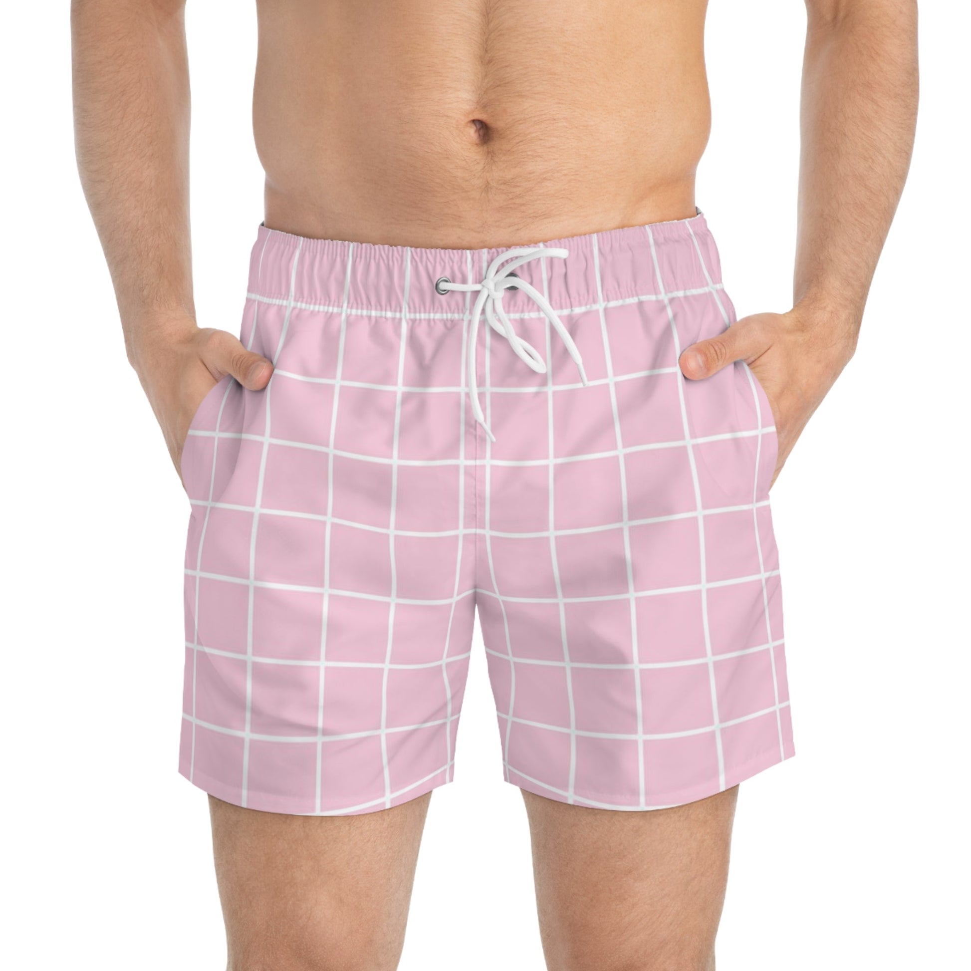 JAKKOUTTHEBXX Mens Pink Plaid Swim Trunks 2025