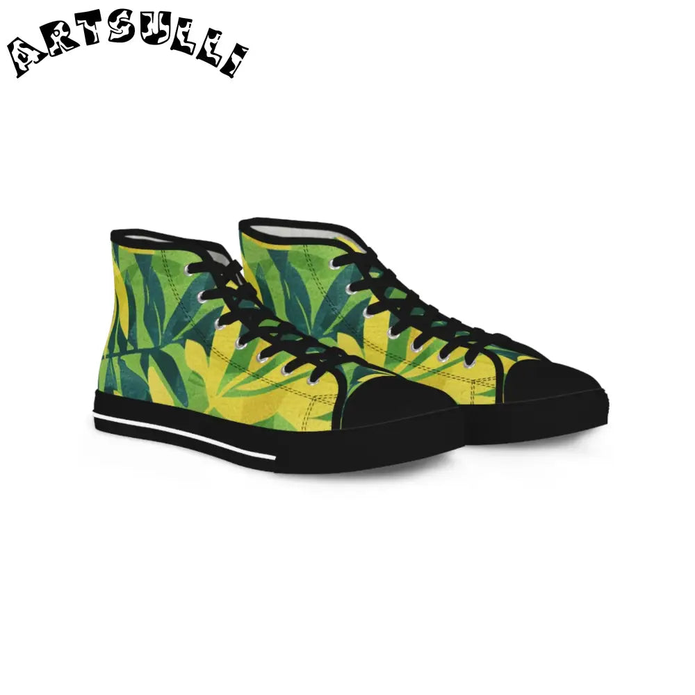 Men's Tropical Leaf High Top Sneakers, Artsulli - Art is Long, Life is Short, Shoes, Size, US 5, Color, Black sole, , , 15434860654348389786