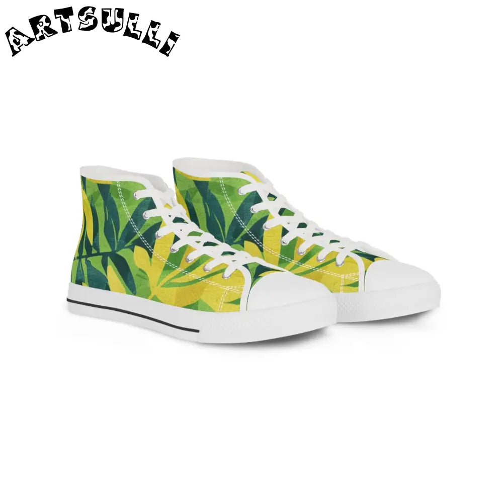 Men's Tropical Leaf High Top Sneakers, Artsulli - Art is Long, Life is Short, Shoes, Size, US 5, Color, White sole, , , 28058844682942969535