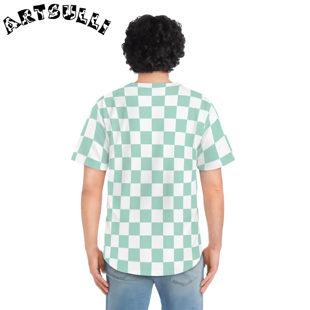 Mint and White Checkered Baseball Jersey, Artsulli - Art is Long, Life is Short, All Over Prints, , , , , , , 