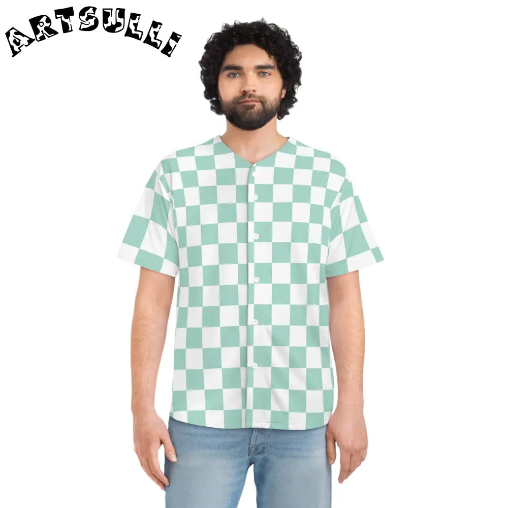 Mint and White Checkered Baseball Jersey, Artsulli - Art is Long, Life is Short, All Over Prints, , , , , , , 