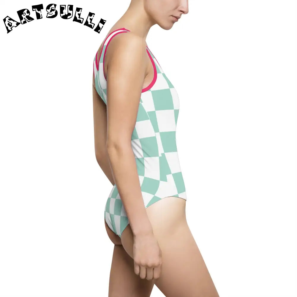 Mint Checkered Elastic Strap One-Piece Swimsuit, Artsulli - Art is Long, Life is Short, All Over Prints, , , , , , , 