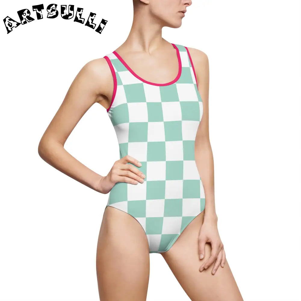 Mint Checkered Elastic Strap One-Piece Swimsuit, Artsulli - Art is Long, Life is Short, All Over Prints, Size, XS, Color, Pink, , , 24005733040364944722