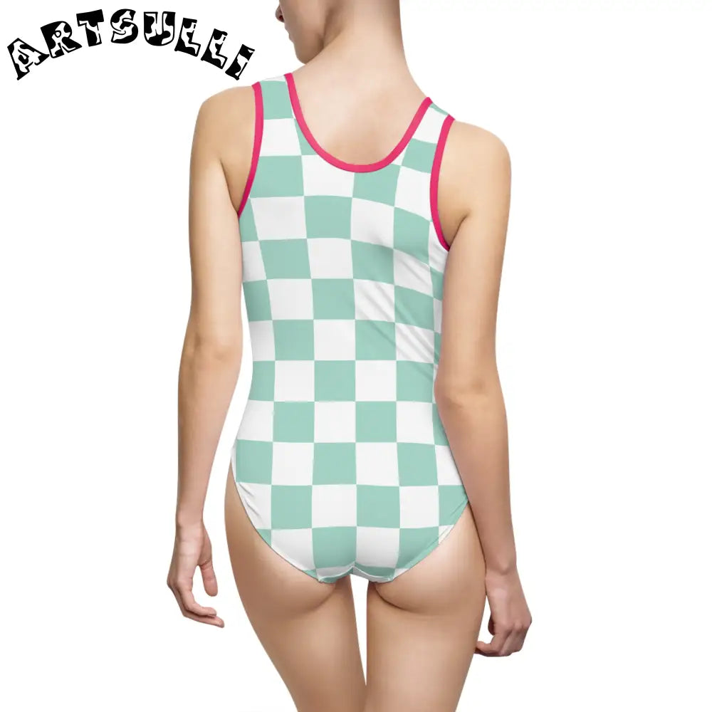 Mint Checkered Elastic Strap One-Piece Swimsuit, Artsulli - Art is Long, Life is Short, All Over Prints, , , , , , , 