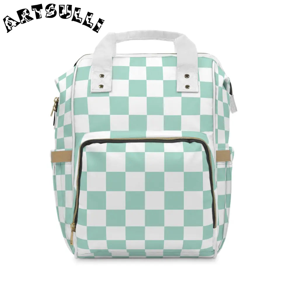 Mint Green and White Checkered Diaper Backpack, Artsulli - Art is Long, Life is Short, Bags, Size, 15.0" × 10.8" × 6.7'', , , , , 29293640346318625885