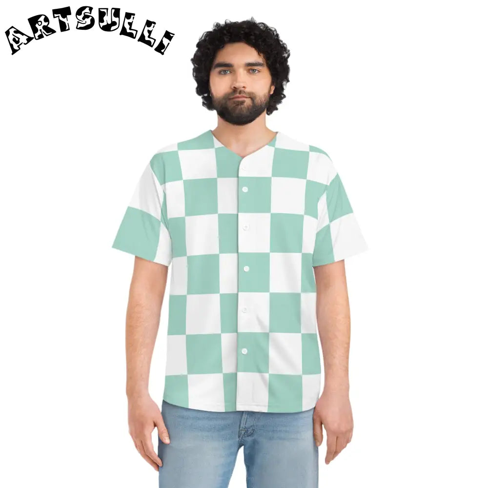 Mint Green Checkerboard Baseball Jersey, Artsulli - Art is Long, Life is Short, All Over Prints, , , , , , , 