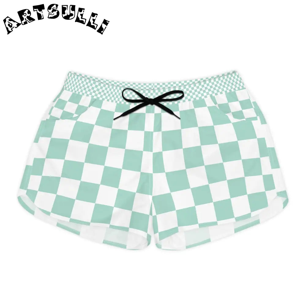Mint Green Checkered Athletic Shorts, Artsulli - Art is Long, Life is Short, All Over Prints, Size, S, Color, Black drawstring, , , 83676501114300623719