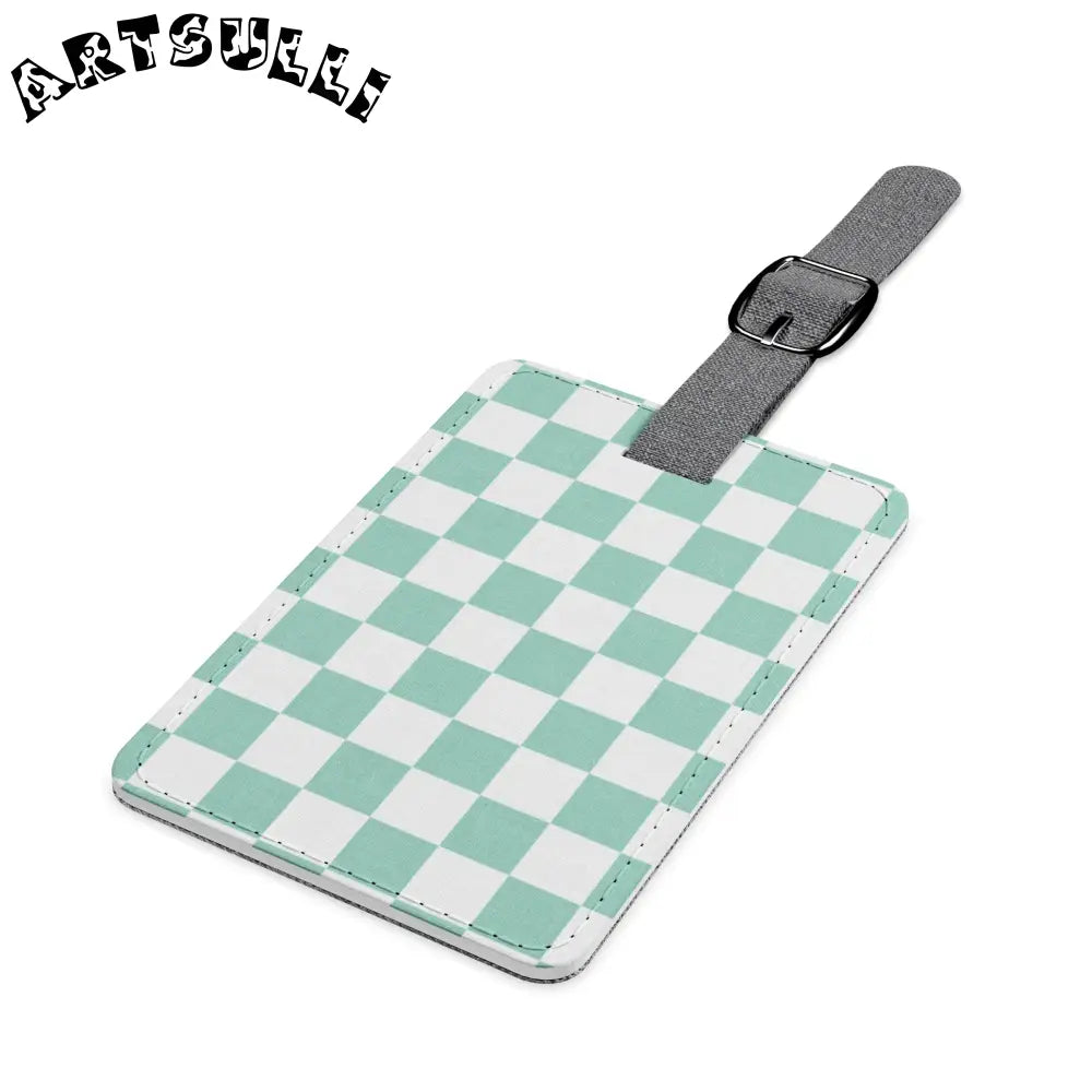 Mint Green Checkered Luggage Tag with Gray Canvas Strap, Artsulli - Art is Long, Life is Short, Accessories, , , , , , , 