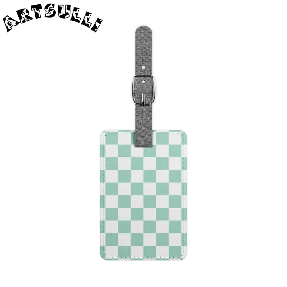 Mint Green Checkered Luggage Tag with Gray Canvas Strap, Artsulli - Art is Long, Life is Short, Accessories, Size, One size, Shape, Rectangle, , , 21150022332908570674