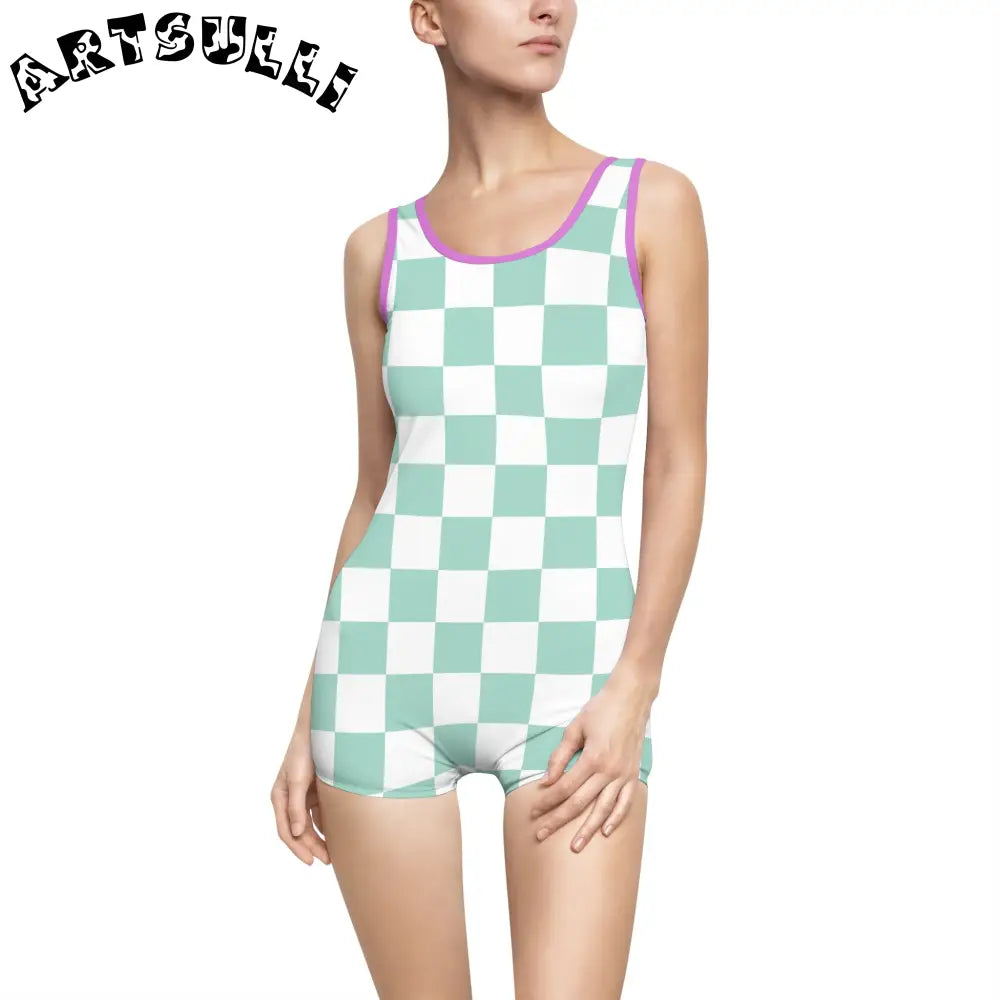 Mint Green Checkered One-Piece Swimsuit, Artsulli - Art is Long, Life is Short, All Over Prints, Color, Purple, Size, XS, , , 22968378089084341698