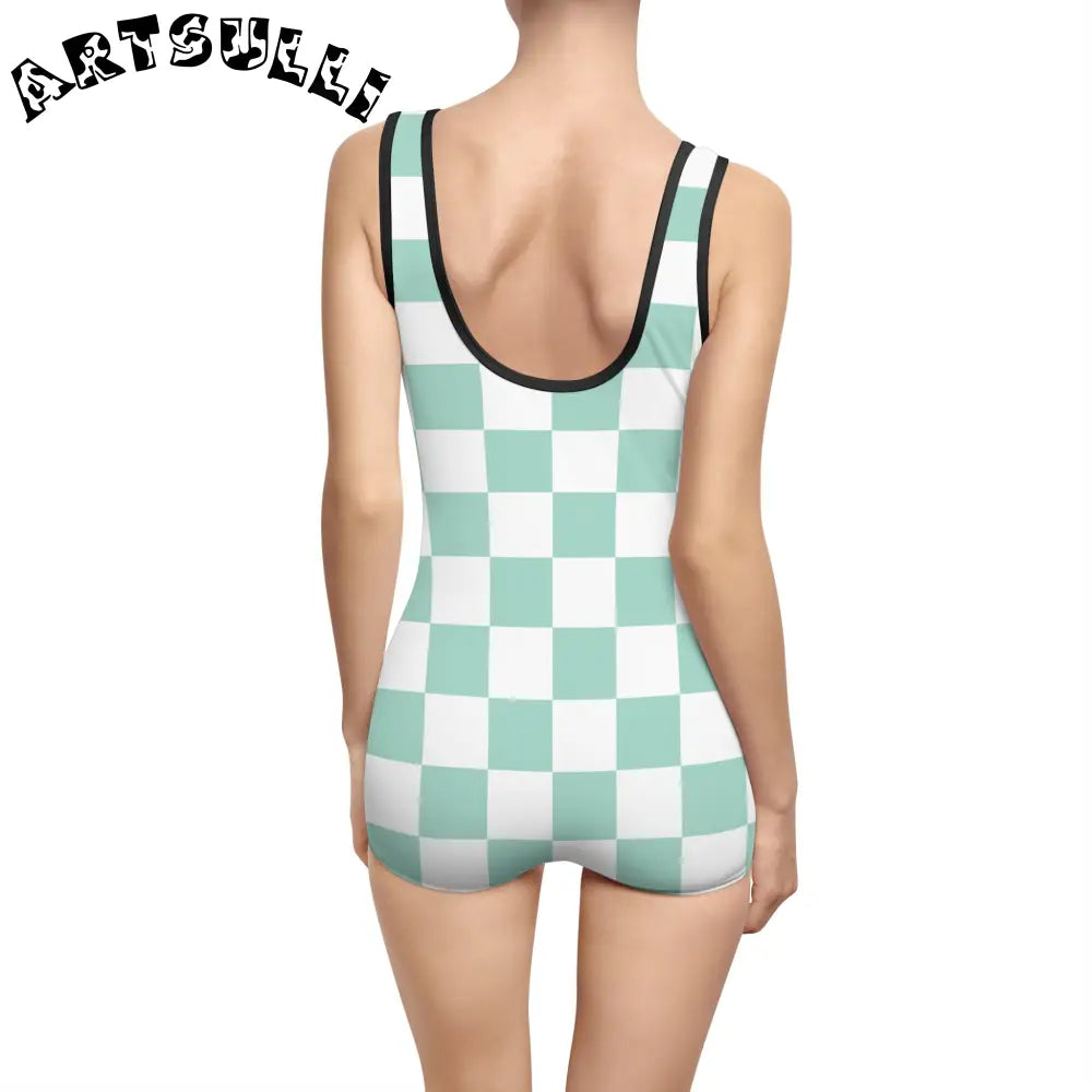 Mint Green Checkered One-Piece Swimsuit, Artsulli - Art is Long, Life is Short, All Over Prints, , , , , , , 