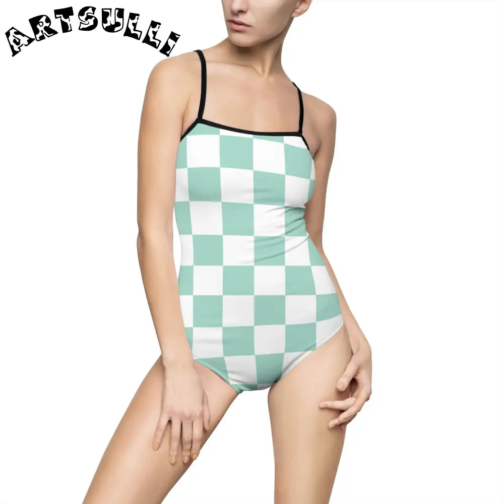 Mint Green Checkered One-Piece Swimsuit, Artsulli - Art is Long, Life is Short, All Over Prints, Size, XS, Color, Black, , , 89241523846190223467