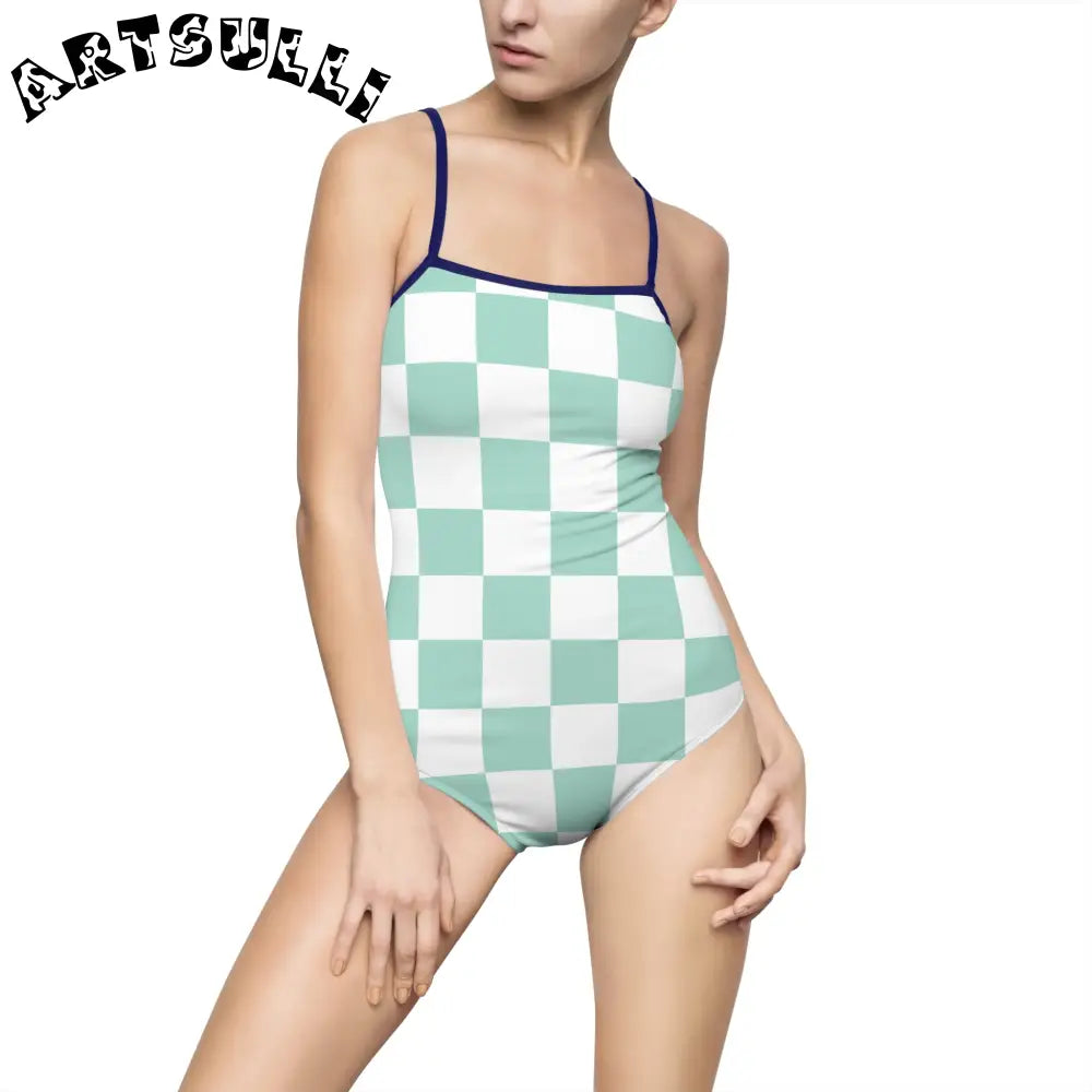 Mint Green Checkered One-Piece Swimsuit, Artsulli - Art is Long, Life is Short, All Over Prints, Size, XS, Color, Navy, , , 32898420711794672012