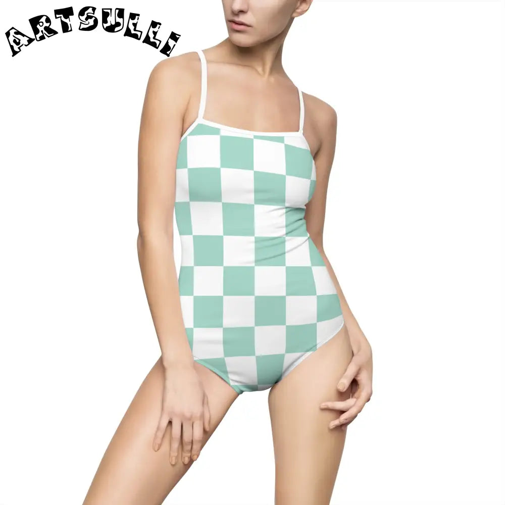Mint Green Checkered One-Piece Swimsuit, Artsulli - Art is Long, Life is Short, All Over Prints, Size, XS, Color, White, , , 33446589119432283935