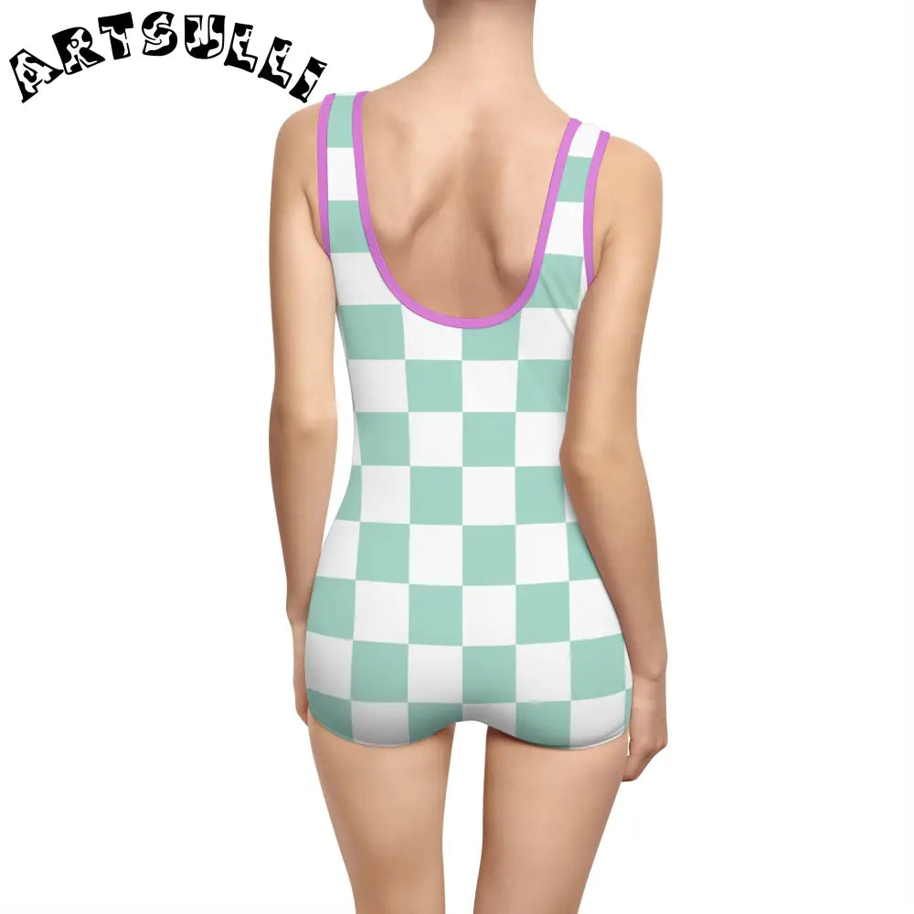 Mint Green Checkered One-Piece Swimsuit, Artsulli - Art is Long, Life is Short, All Over Prints, , , , , , , 