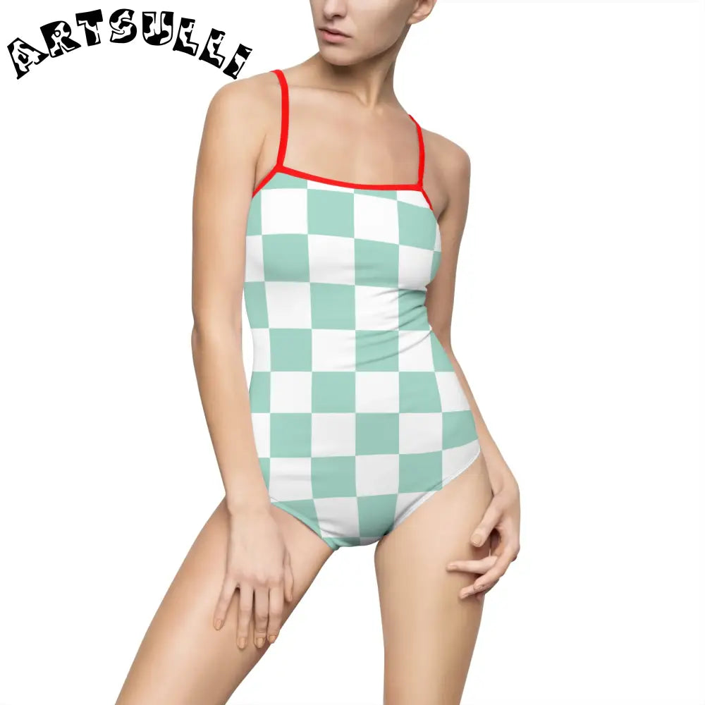 Mint Green Checkered One-Piece Swimsuit, Artsulli - Art is Long, Life is Short, All Over Prints, Size, XS, Color, Red, , , 16600586408016223800