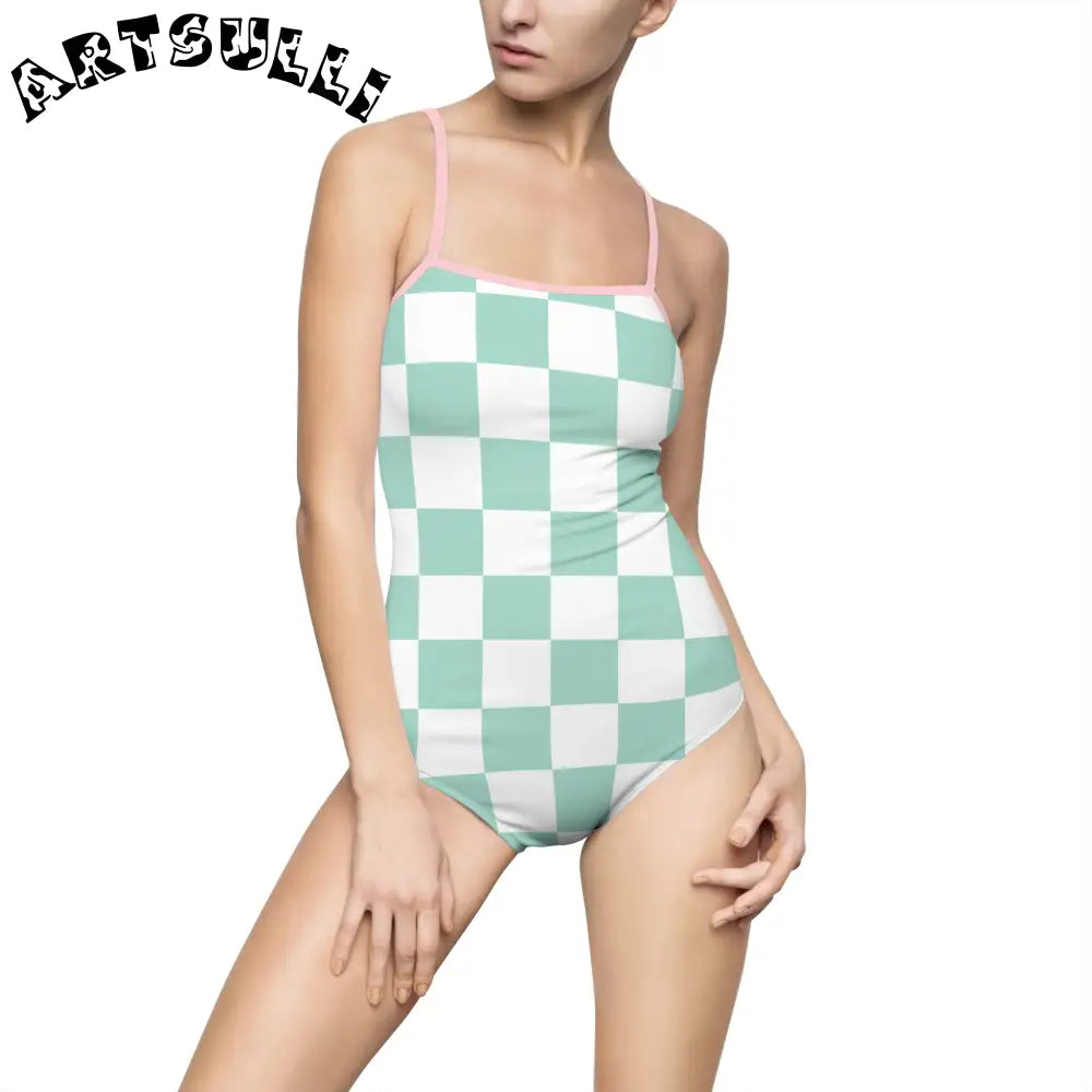 Mint Green Checkered One-Piece Swimsuit, Artsulli - Art is Long, Life is Short, All Over Prints, Size, XS, Color, Light Pink, , , 16554252266082267851