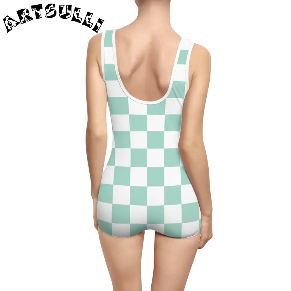Mint Green Checkered One-Piece Swimsuit, Artsulli - Art is Long, Life is Short, All Over Prints, , , , , , , 