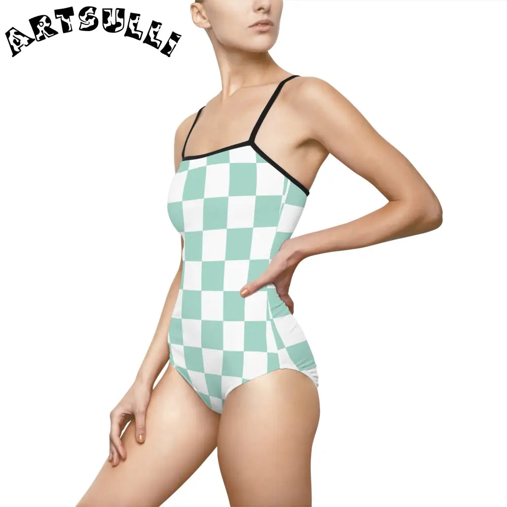 Mint Green Checkered One-Piece Swimsuit, Artsulli - Art is Long, Life is Short, All Over Prints, , , , , , , 