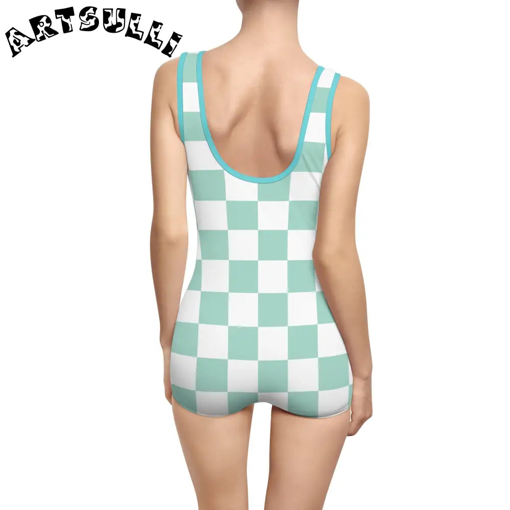 Mint Green Checkered One-Piece Swimsuit, Artsulli - Art is Long, Life is Short, All Over Prints, , , , , , , 