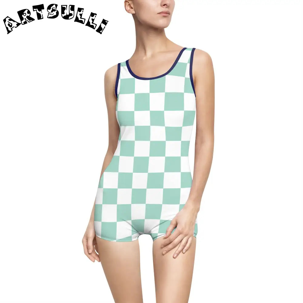 Mint Green Checkered One-Piece Swimsuit, Artsulli - Art is Long, Life is Short, All Over Prints, Color, Navy, Size, XS, , , 27073144558312774211