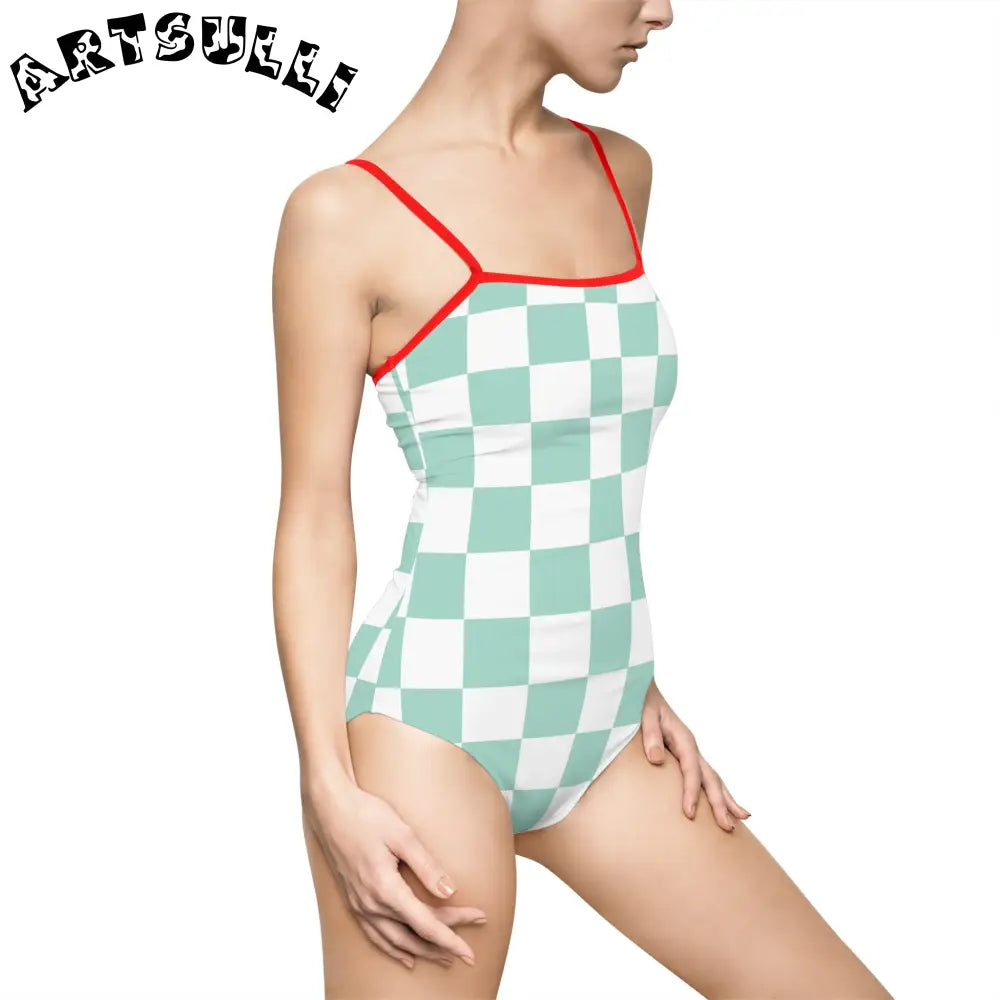 Mint Green Checkered One-Piece Swimsuit, Artsulli - Art is Long, Life is Short, All Over Prints, , , , , , , 