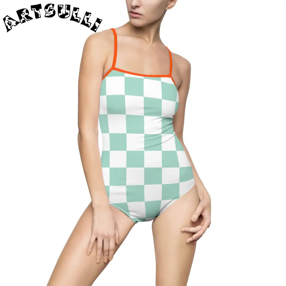 Mint Green Checkered One-Piece Swimsuit, Artsulli - Art is Long, Life is Short, All Over Prints, Size, XS, Color, Orange, , , 20164082557286208628