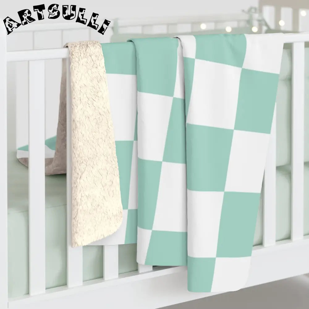 Mint Green Checkered Sherpa Fleece Blanket, Artsulli - Art is Long, Life is Short, Home Decor, , , , , , , 