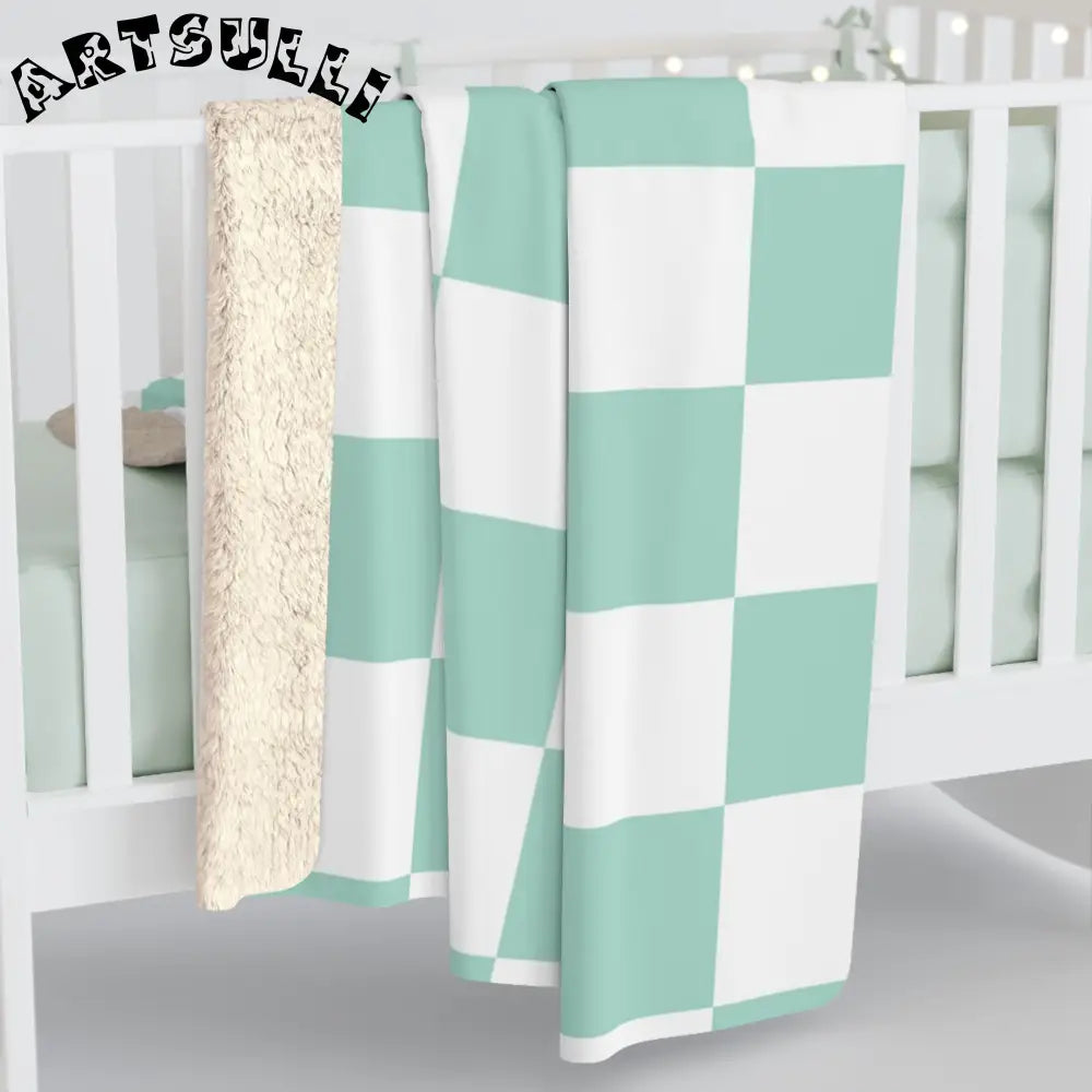 Mint Green Checkered Sherpa Fleece Blanket, Artsulli - Art is Long, Life is Short, Home Decor, , , , , , , 