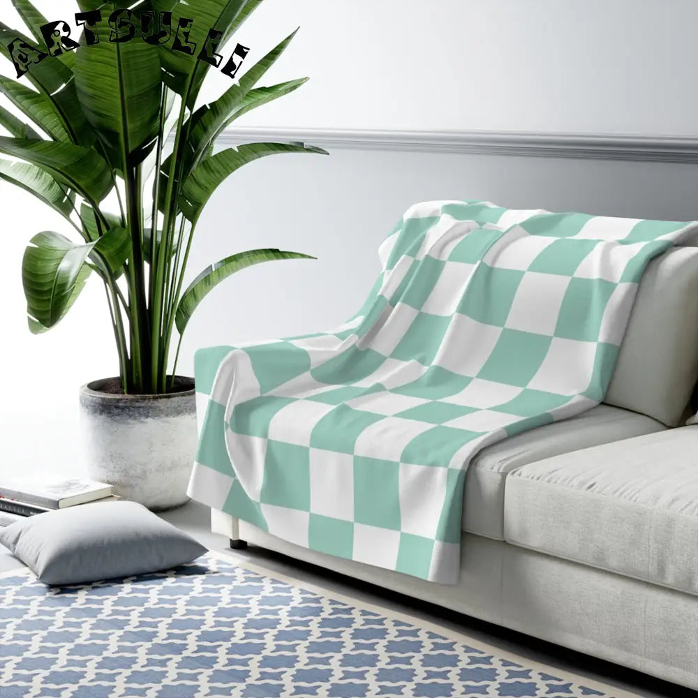 Mint Green Checkered Sherpa Fleece Blanket, Artsulli - Art is Long, Life is Short, Home Decor, , , , , , , 