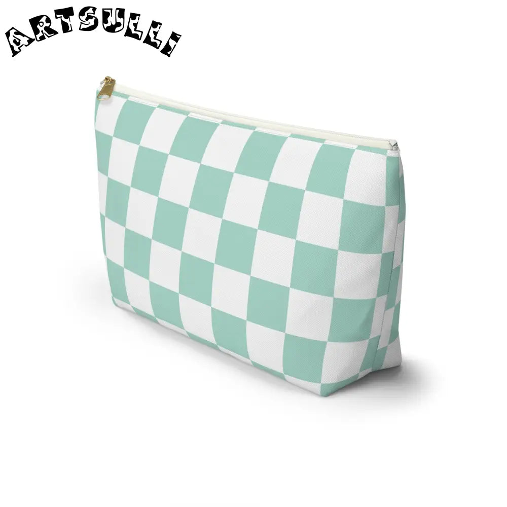 Mint Green Checkered T-Bottom Pouch Pencil Case, Artsulli - Art is Long, Life is Short, Bags, , , , , , , 