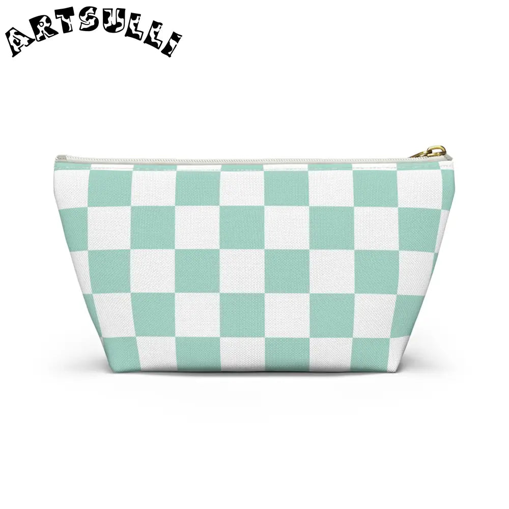 Mint Green Checkered T-Bottom Pouch Pencil Case, Artsulli - Art is Long, Life is Short, Bags, , , , , , , 