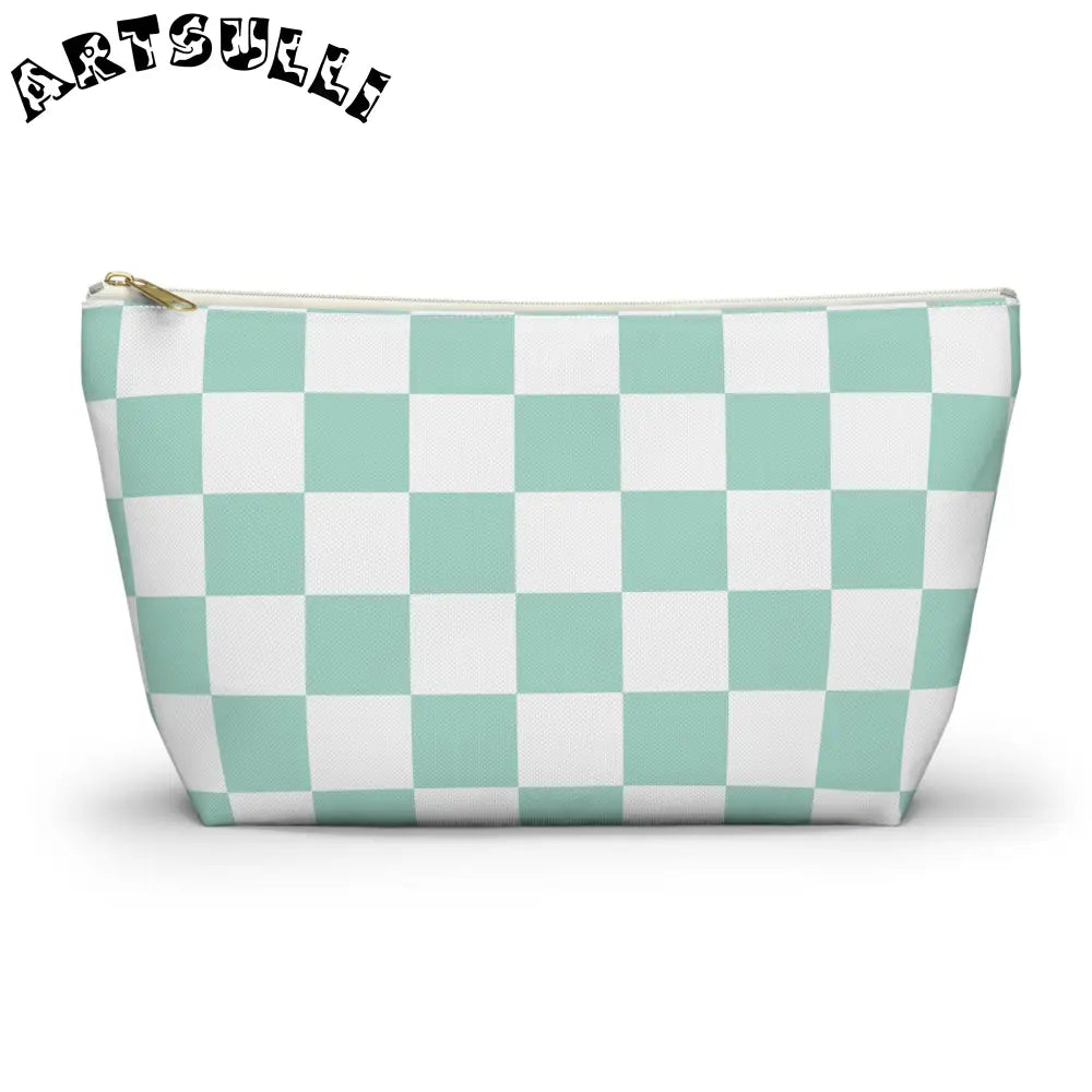 Mint Green Checkered T-Bottom Pouch Pencil Case, Artsulli - Art is Long, Life is Short, Bags, Size, Large, Color, White zipper, , , 49882693168117674935