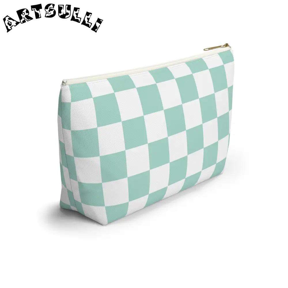 Mint Green Checkered T-Bottom Pouch Pencil Case, Artsulli - Art is Long, Life is Short, Bags, , , , , , , 