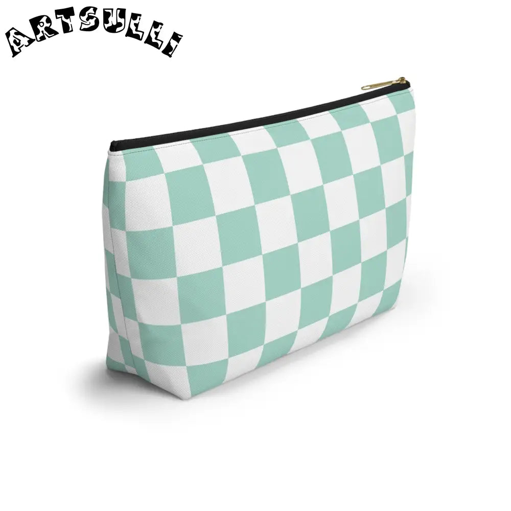 Mint Green Checkered T-Bottom Pouch Pencil Case, Artsulli - Art is Long, Life is Short, Bags, , , , , , , 