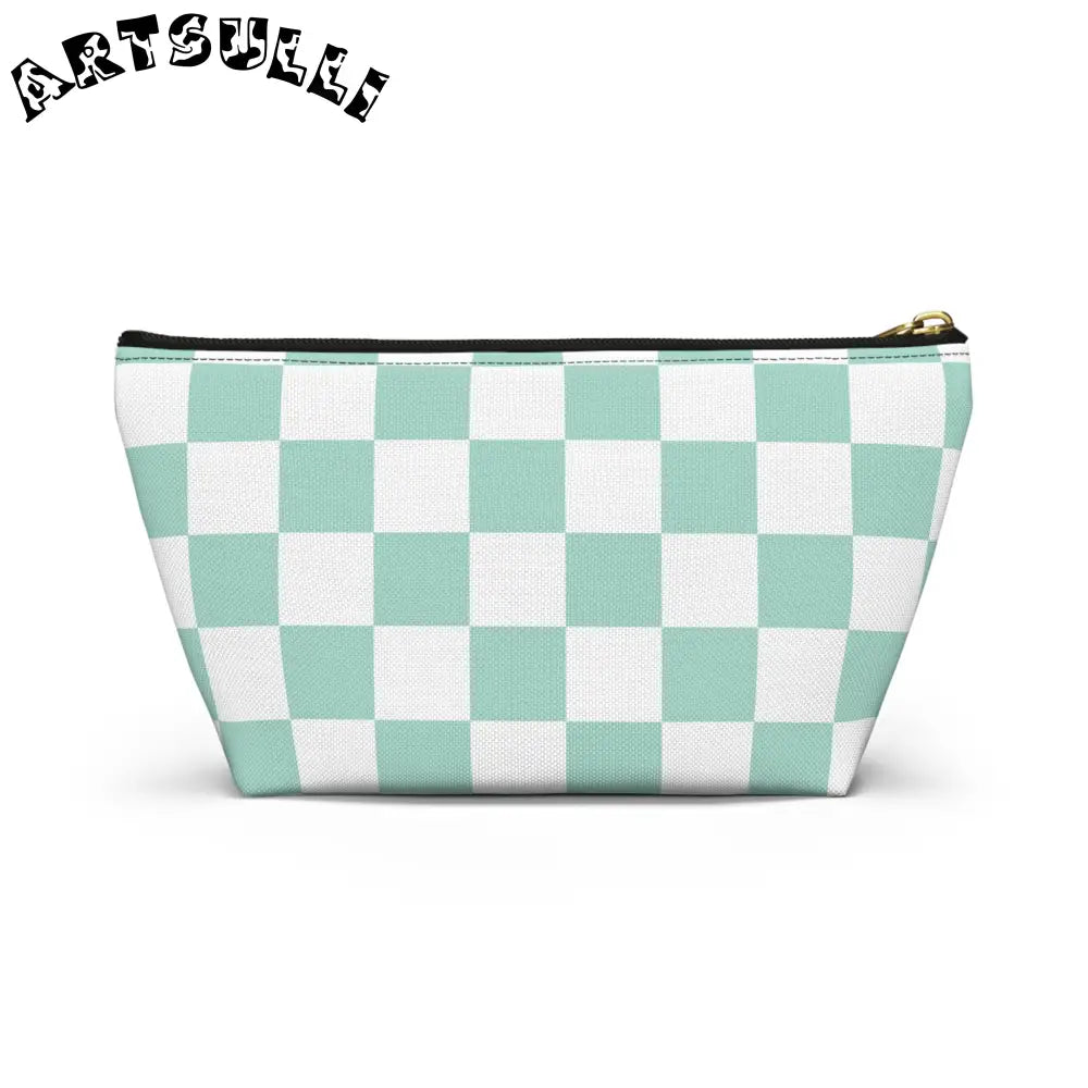 Mint Green Checkered T-Bottom Pouch Pencil Case, Artsulli - Art is Long, Life is Short, Bags, , , , , , , 