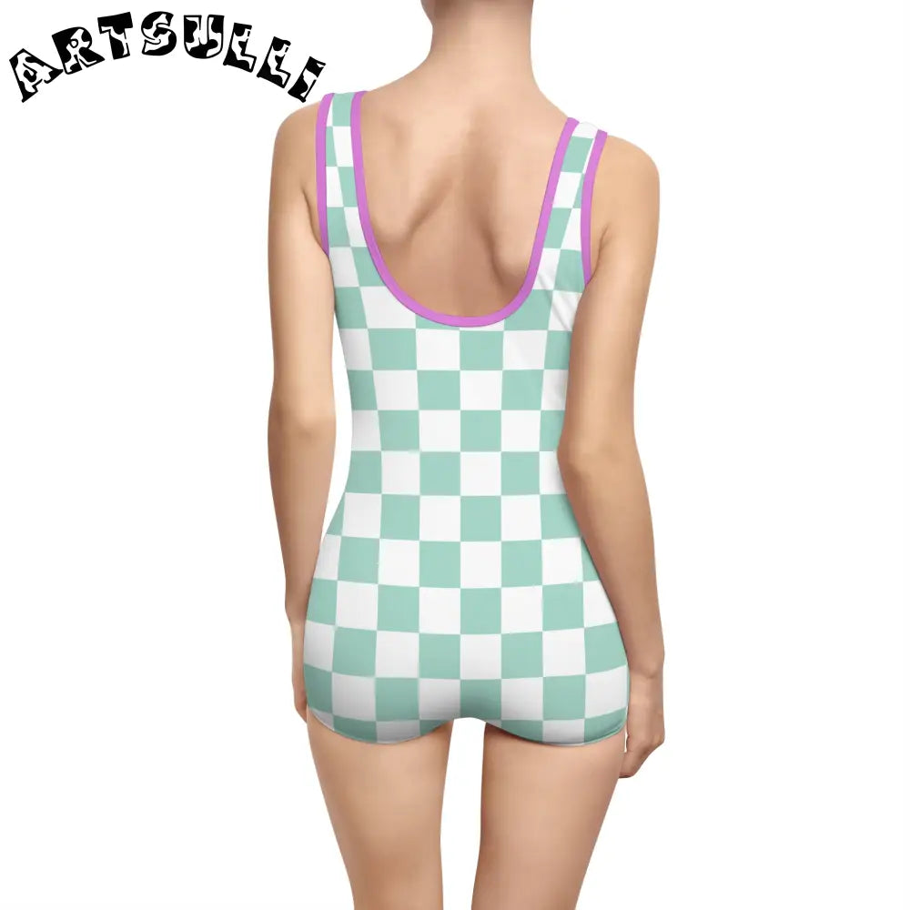 Mint Green Checkered Tank One-Piece Swimsuit, Artsulli - Art is Long, Life is Short, All Over Prints, , , , , , , 