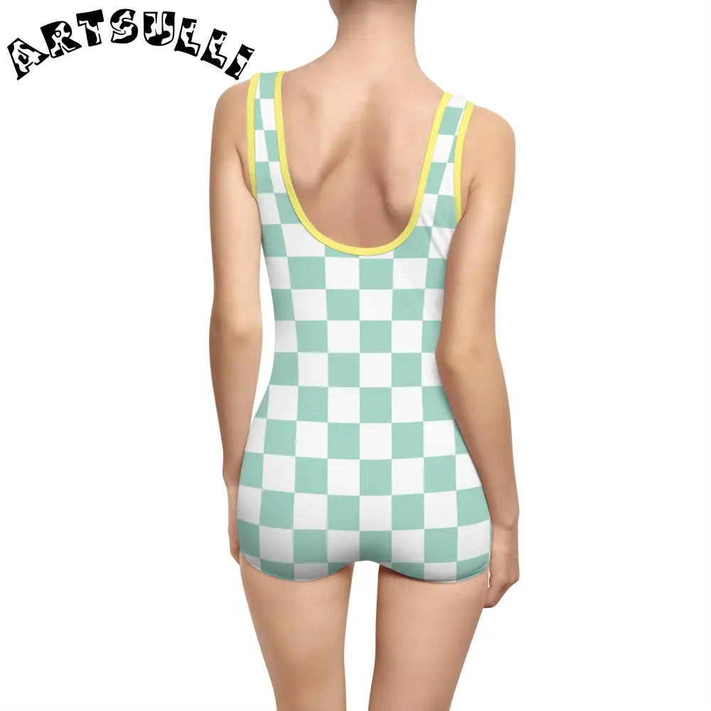 Mint Green Checkered Tank One-Piece Swimsuit, Artsulli - Art is Long, Life is Short, All Over Prints, , , , , , , 