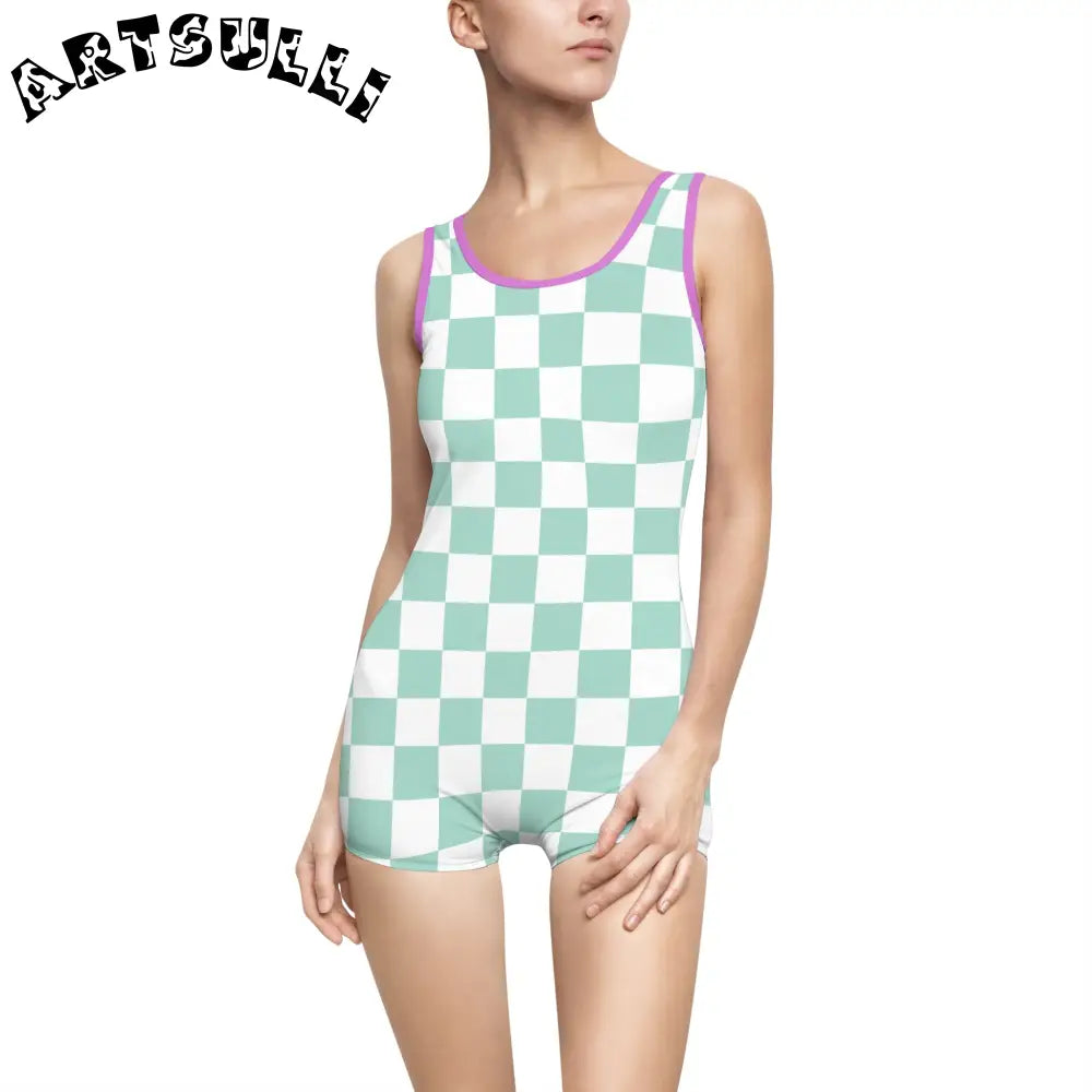 Mint Green Checkered Tank One-Piece Swimsuit, Artsulli - Art is Long, Life is Short, All Over Prints, Color, Purple, Size, XS, , , 14655625863404623009