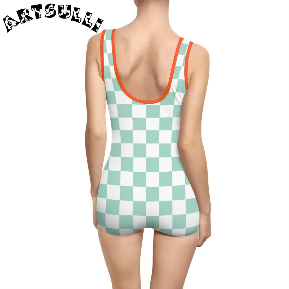 Mint Green Checkered Tank One-Piece Swimsuit, Artsulli - Art is Long, Life is Short, All Over Prints, , , , , , , 
