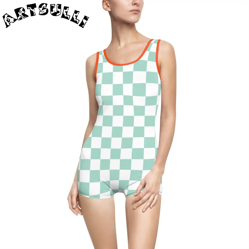 Mint Green Checkered Tank One-Piece Swimsuit, Artsulli - Art is Long, Life is Short, All Over Prints, Color, Orange, Size, XS, , , 26559706382889716381