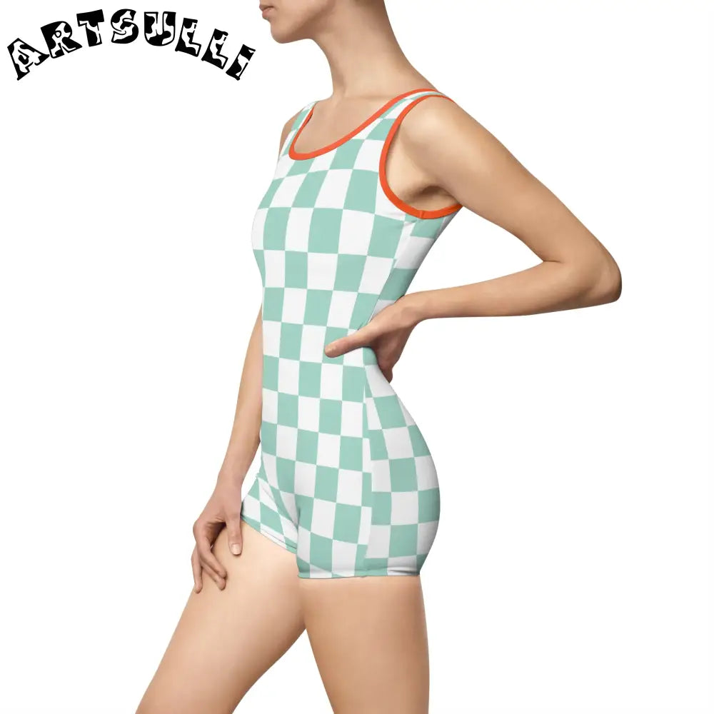 Mint Green Checkered Tank One-Piece Swimsuit, Artsulli - Art is Long, Life is Short, All Over Prints, , , , , , , 