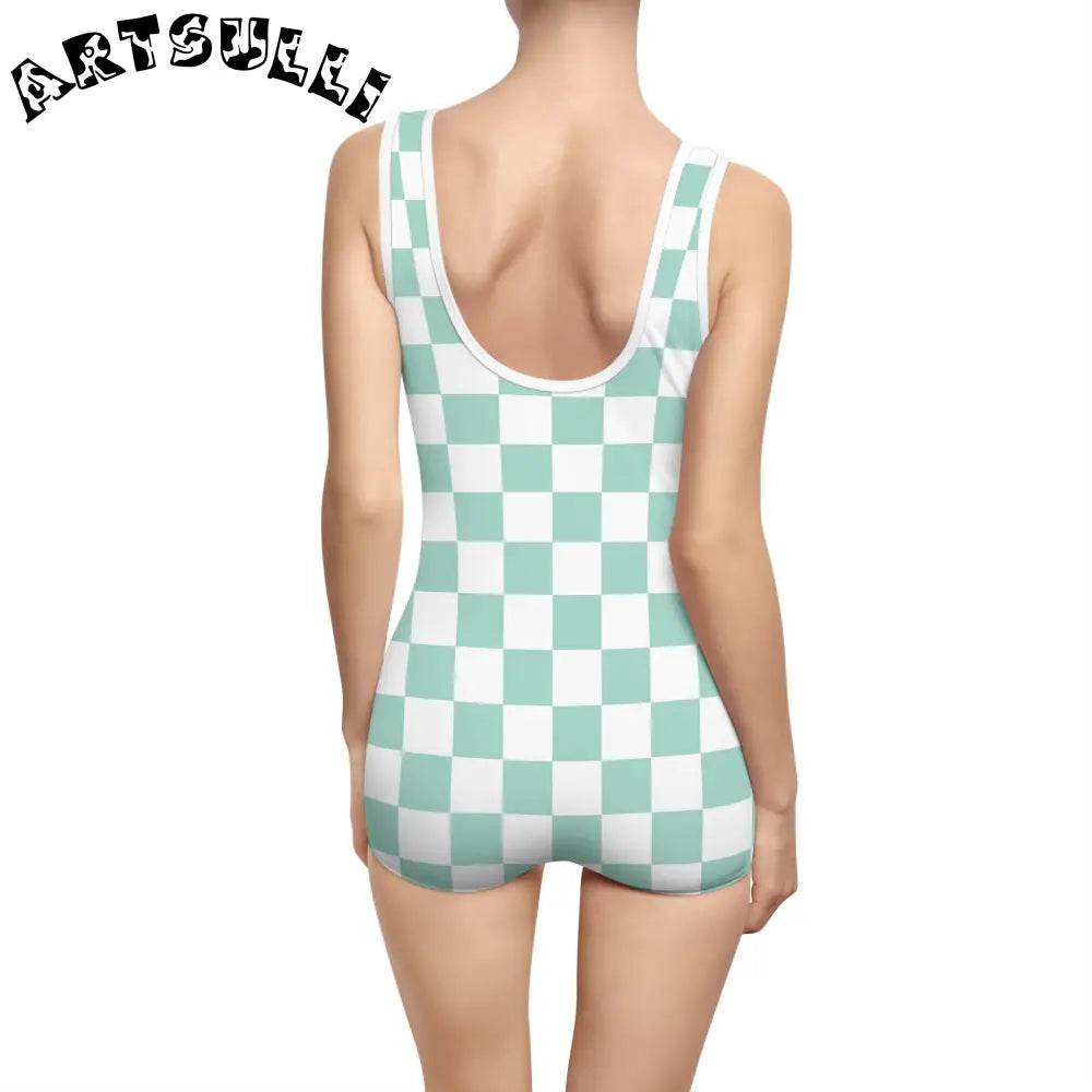 Mint Green Checkered Tank One-Piece Swimsuit, Artsulli - Art is Long, Life is Short, All Over Prints, , , , , , , 