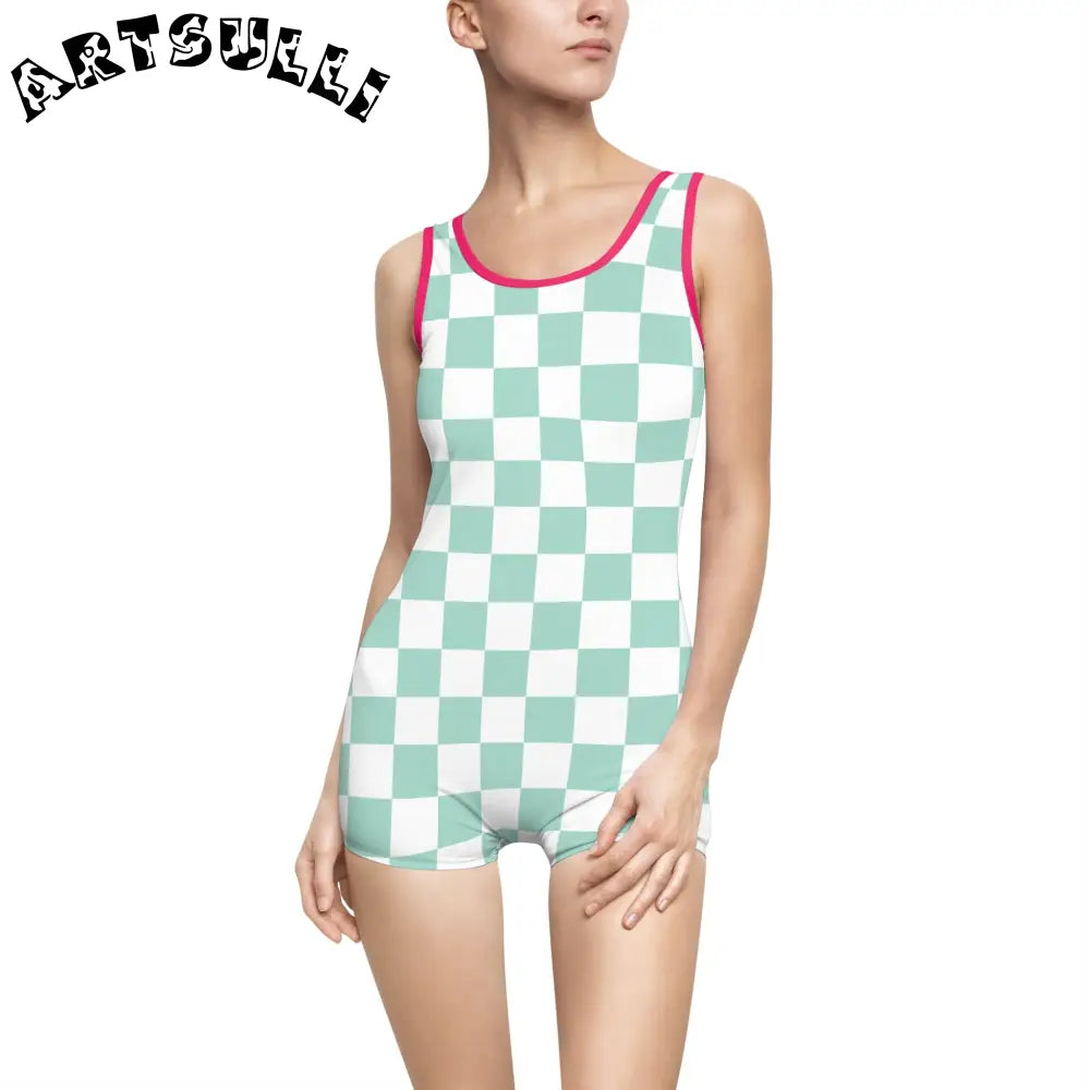 Mint Green Checkered Tank One-Piece Swimsuit, Artsulli - Art is Long, Life is Short, All Over Prints, Color, Pink, Size, XS, , , 18348863998599377422