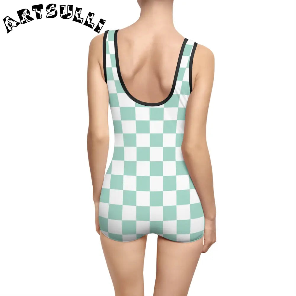 Mint Green Checkered Tank One-Piece Swimsuit, Artsulli - Art is Long, Life is Short, All Over Prints, , , , , , , 