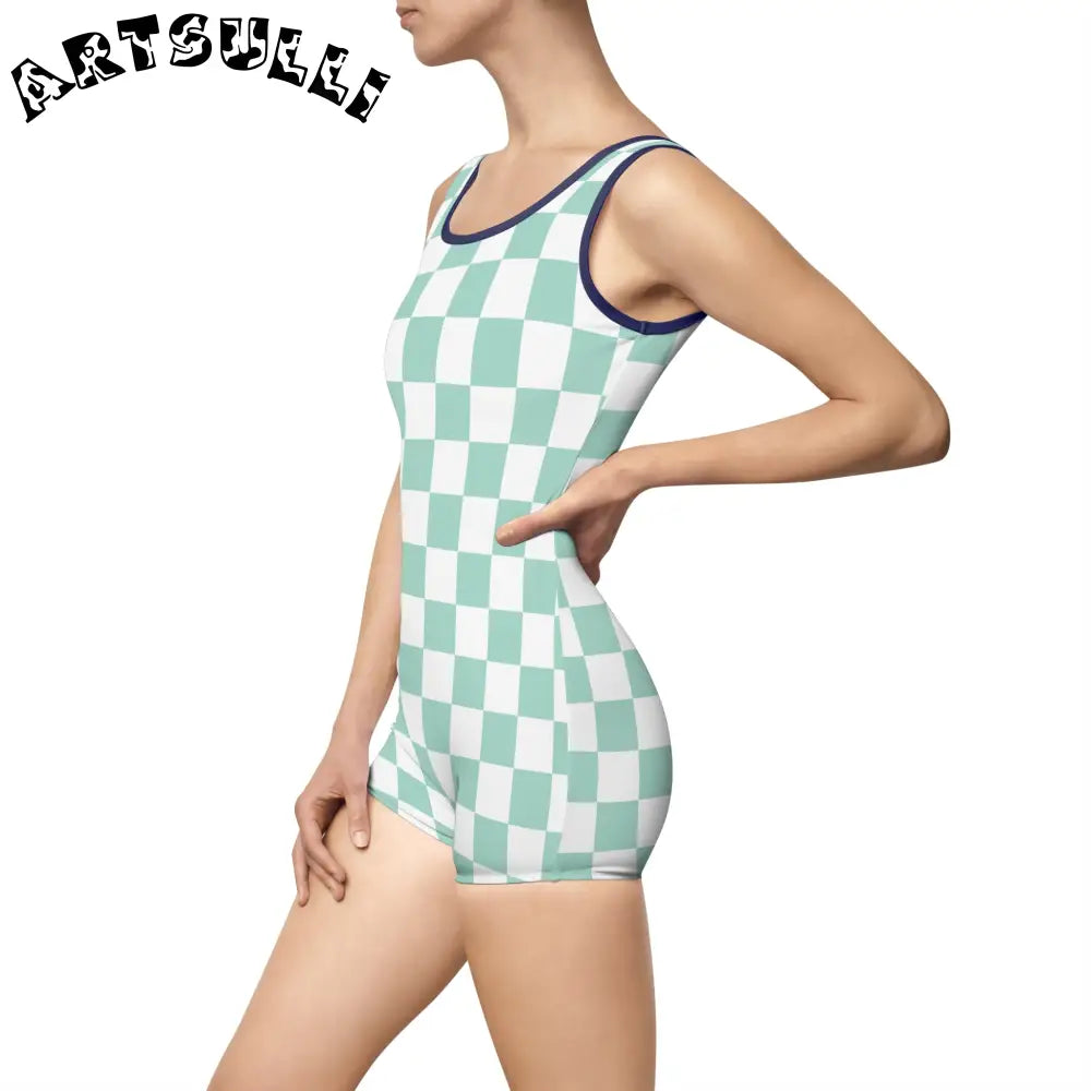 Mint Green Checkered Tank One-Piece Swimsuit, Artsulli - Art is Long, Life is Short, All Over Prints, , , , , , , 