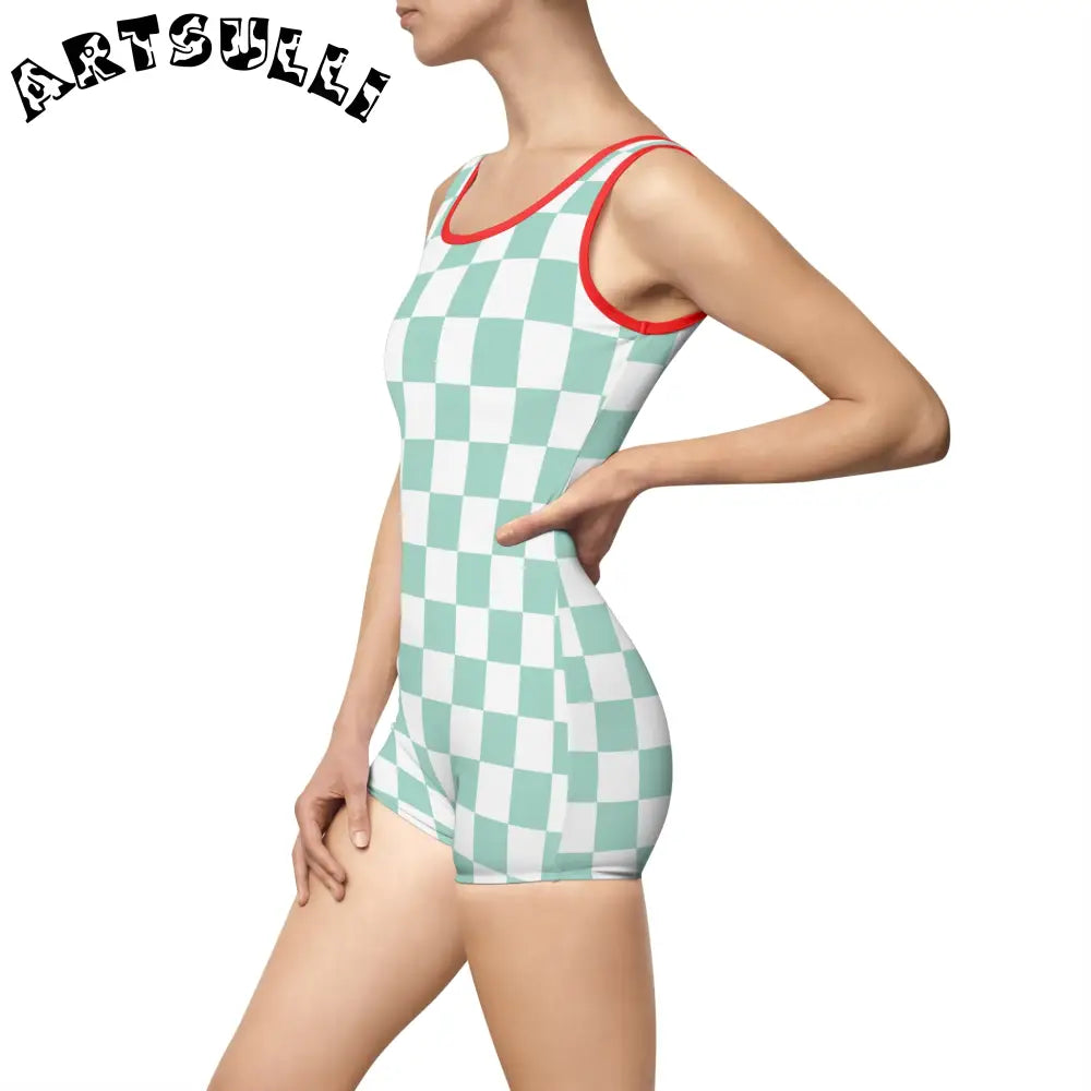 Mint Green Checkered Tank One-Piece Swimsuit, Artsulli - Art is Long, Life is Short, All Over Prints, , , , , , , 